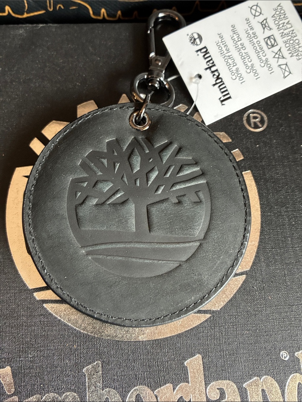 Timberland Black Leather Embossed Tree Key Fob